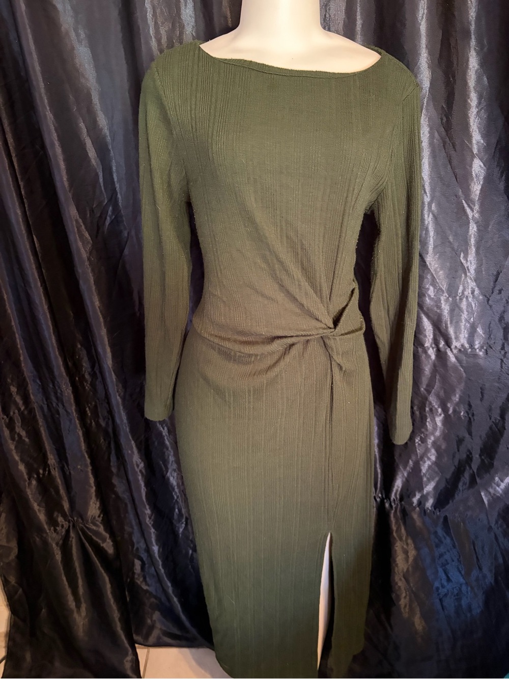 LOFT Olive Green Long Sleeve Twist-Knot Midi Dress